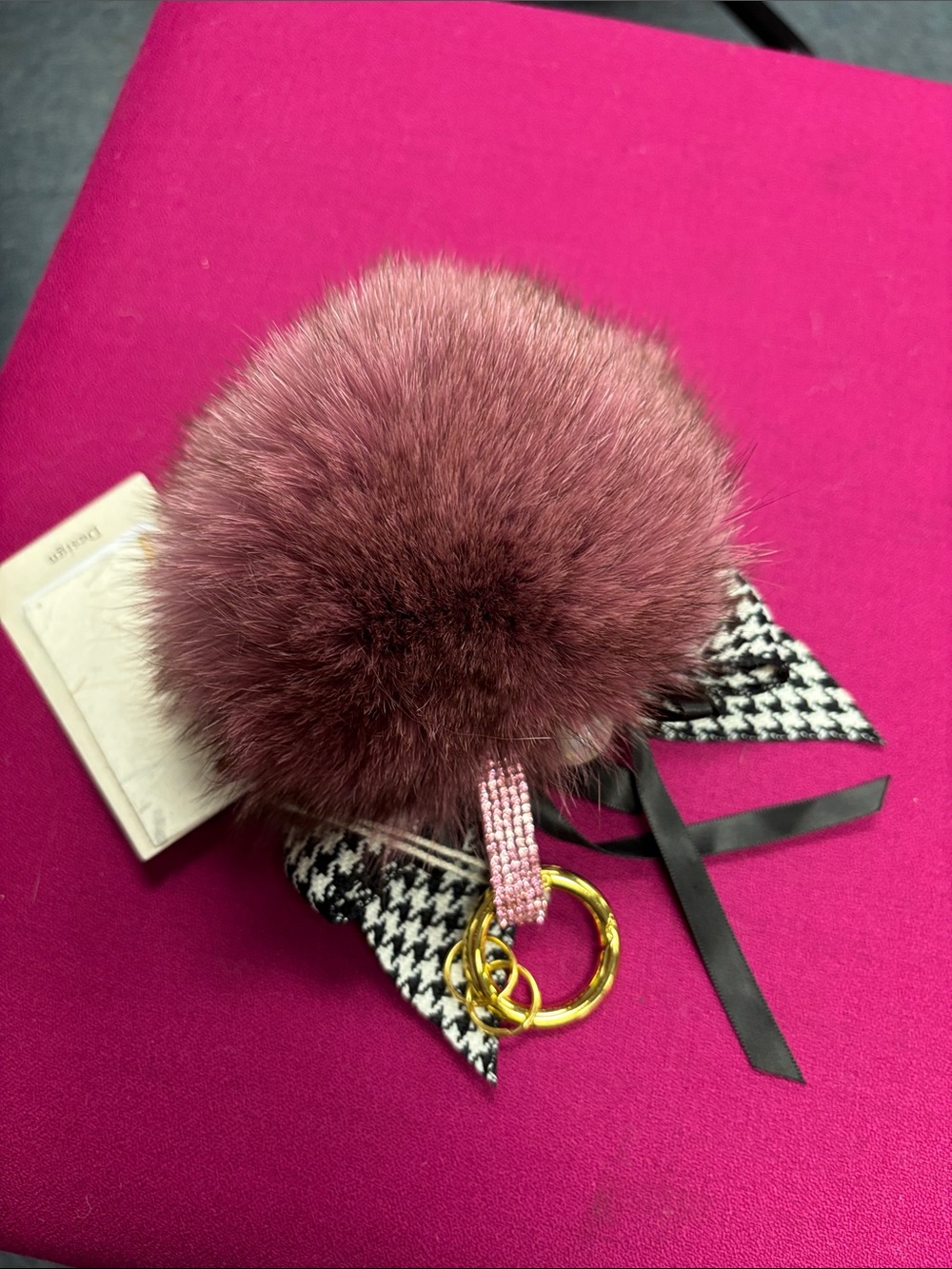 VAKA Plush Pom Pom Keyring with Houndstooth Bow - Dusty Rose
